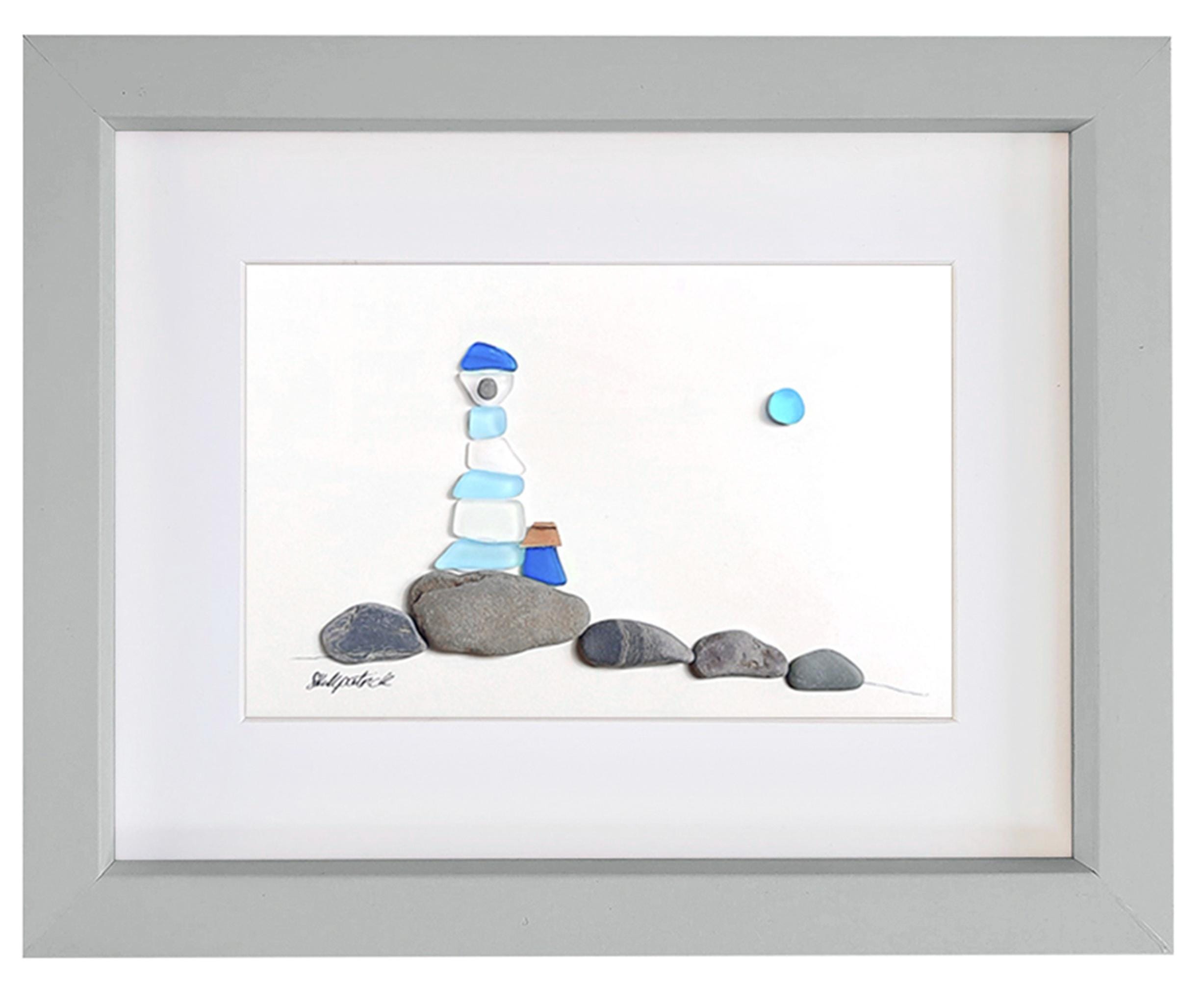 Sea Glass & Pebble Art Framed Picture: Handmade Blue Lighthouse