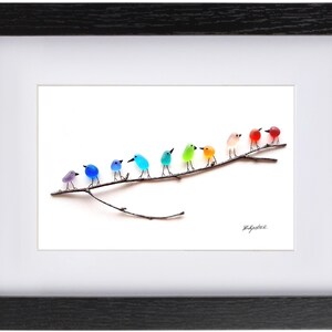 Rainbow Birds on Branch - Driftwood & Sea Glass Picture - Framed Handmade - Art Wall Decor image 14