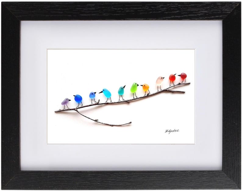 Rainbow Birds on Branch - Driftwood & Sea Glass Picture - Framed Handmade - Art Wall Decor image 14