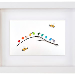 Rainbow Birds with Bees Wall Art - Sea Glass & Driftwood Picture - Framed Unique Handmade - Sea Glass Art Wall Decor