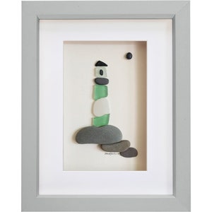 Sea Glass Lighthouse - Pebble Art Picture - Framed Unique Handmade *Green Lighthouse* - Original Art