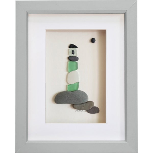 Sea Glass Lighthouse - Pebble Art & Sea Glass Picture - Framed Unique Handmade *Green Lighthouse* - Original sea glass art