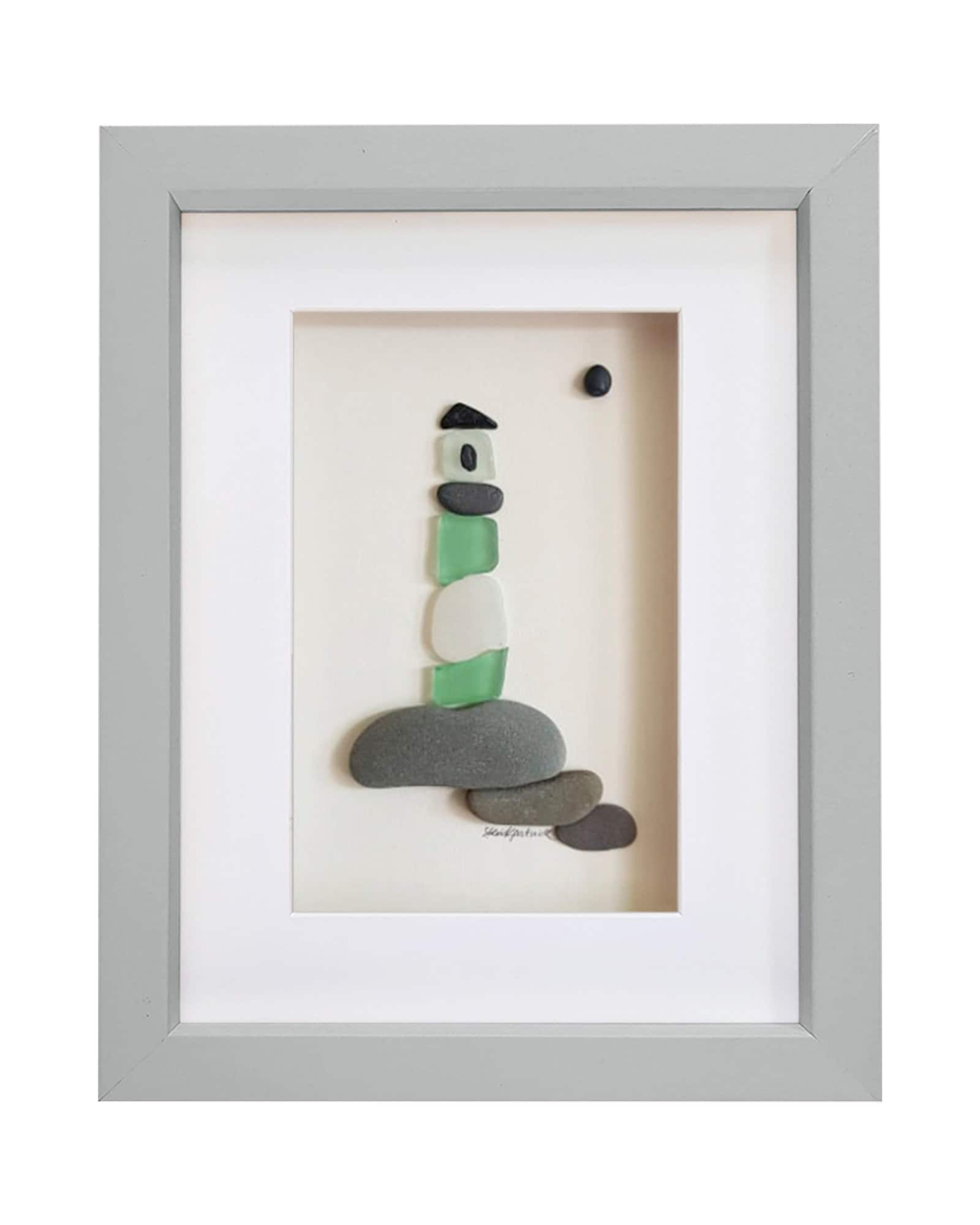 Sea Glass Lighthouse - Pebble Art Picture - Framed Unique Handmade *Green Lighthouse* - Original Art