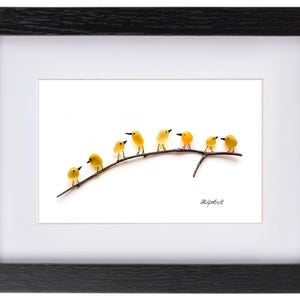 Sea Glass Bird Art: Yellow Birds on Driftwood Branch, Handmade Framed Picture