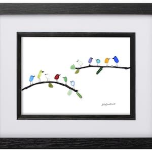 Rainbow Birds on Branches - Sea Glass Picture - Framed Handmade Art Wall Decor