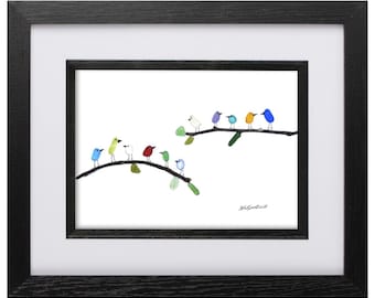 Rainbow Birds on Branches - Sea Glass Picture - Framed Handmade Art Wall Decor