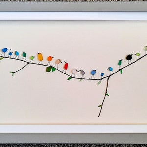 Sea Glass Art - Panoramic Rainbow Birds - Sea Glass & Driftwood Picture - Framed Unique Handmade - Horizontal Wall Art
