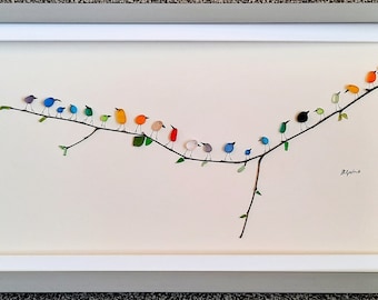 Sea Glass Art - Panoramic Rainbow Birds - Sea Glass & Driftwood Picture - Framed Unique Handmade