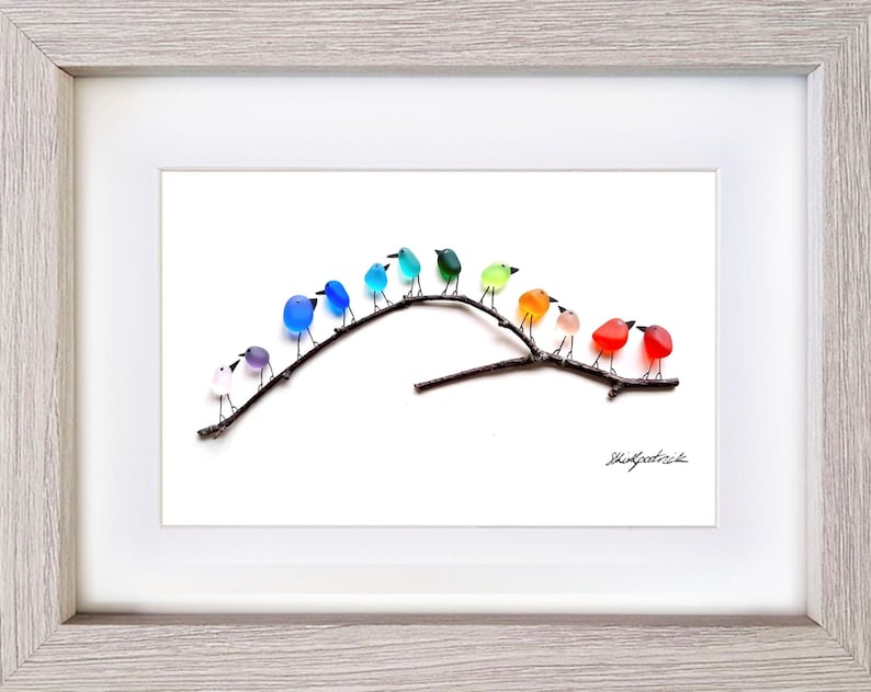 Rainbow Birds on Branch - Driftwood & Sea Glass Picture - Framed Handmade - Art Wall Decor image 9