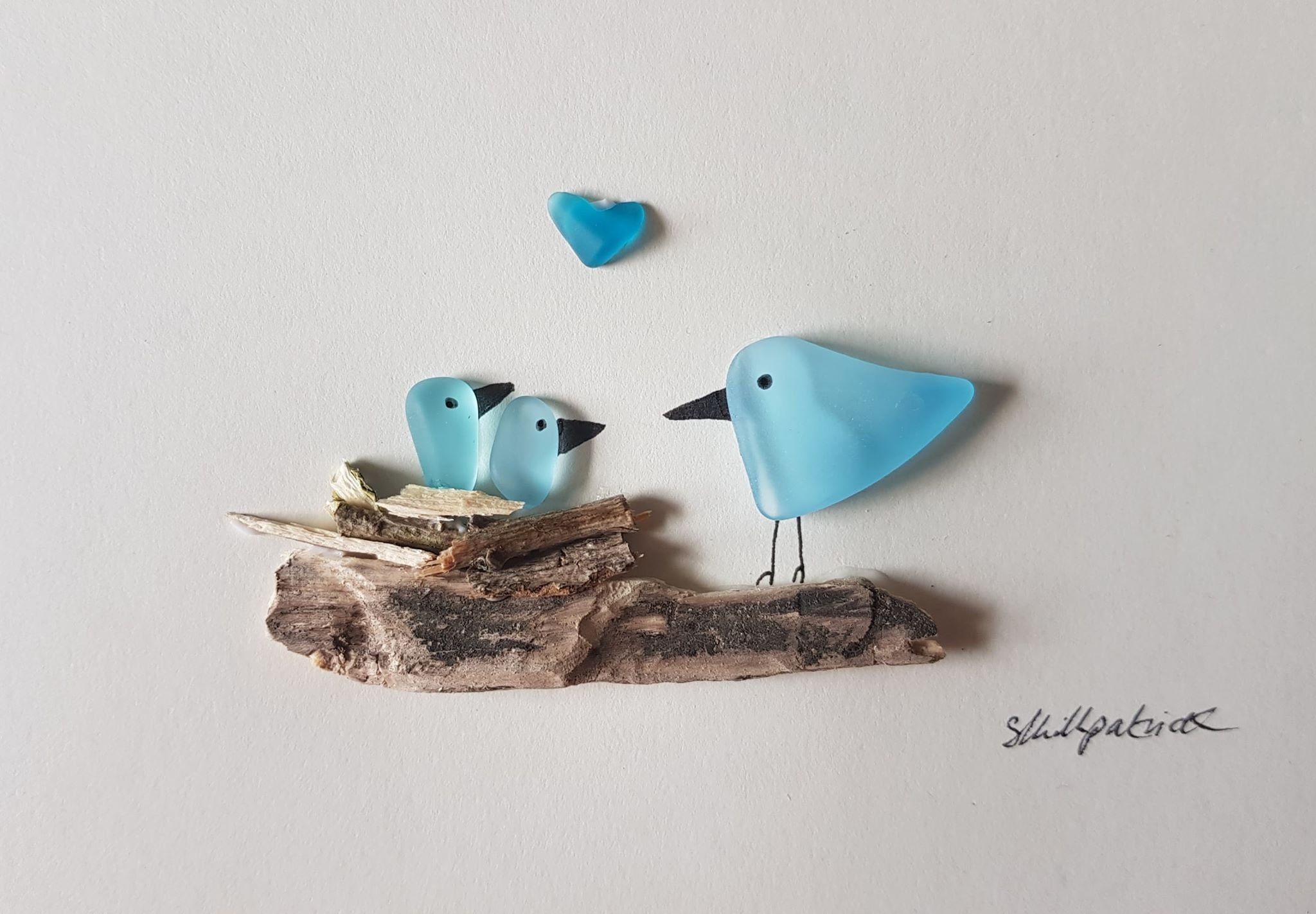 水辺の家と小鳥たち シーグラス／天然石／フレームアート／手描き 水辺