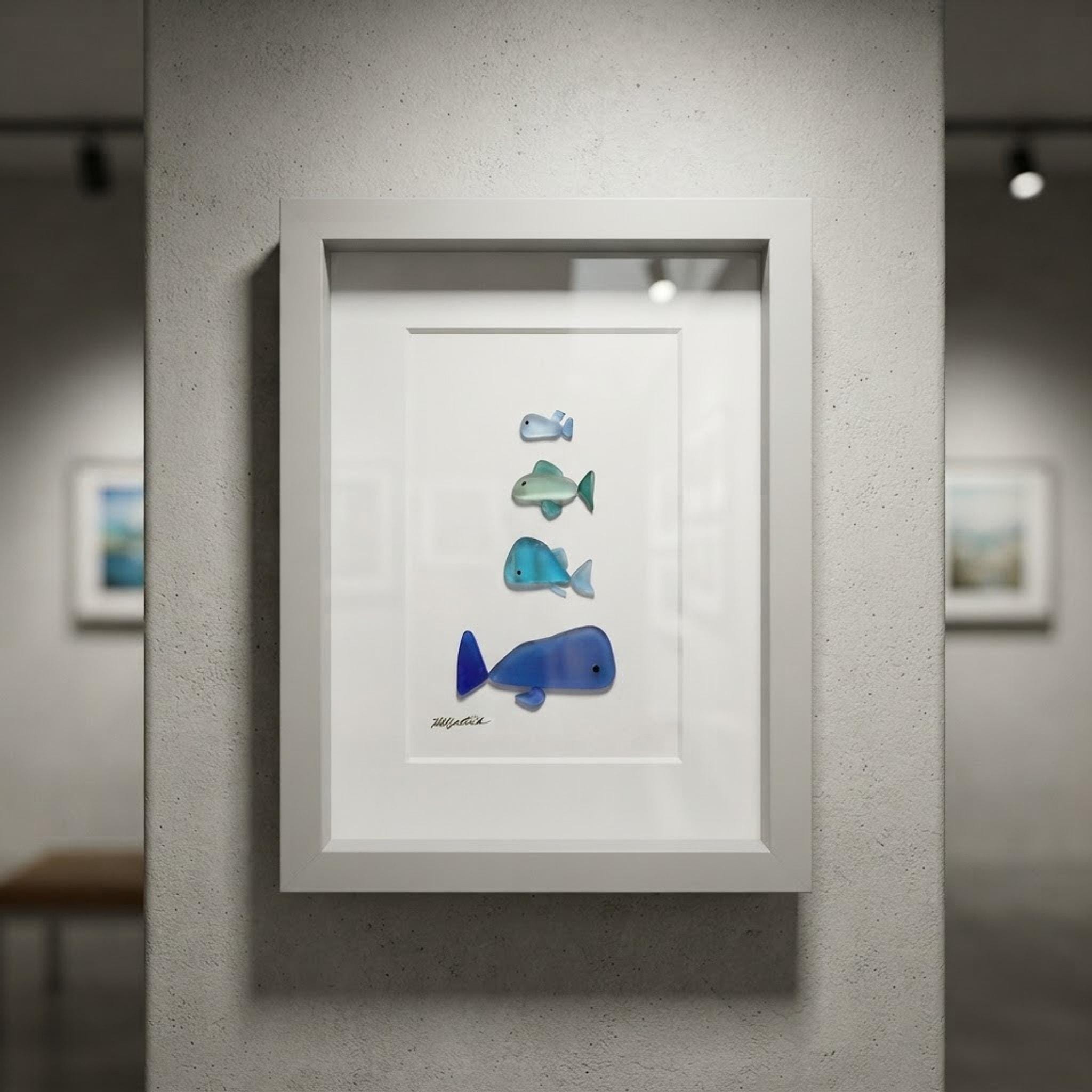 シーグラスの絵 - 手作りの額入り - アート - 魚の群れ - 壁飾り