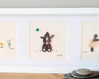 Panoramic Triple Chicks - Sea Glass & Driftwood Pebble Picture - Framed Unique Handmade - Sea Glass Art