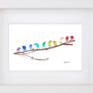 Rainbow Birds on Branch - Sea Glass & Driftwood Picture - Framed Handmade - Sea Glass Art