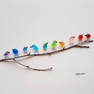 Rainbow Birds on Branch Sea Glass & Driftwood Picture Framed Unique Handmade Sea Glass Art image 6