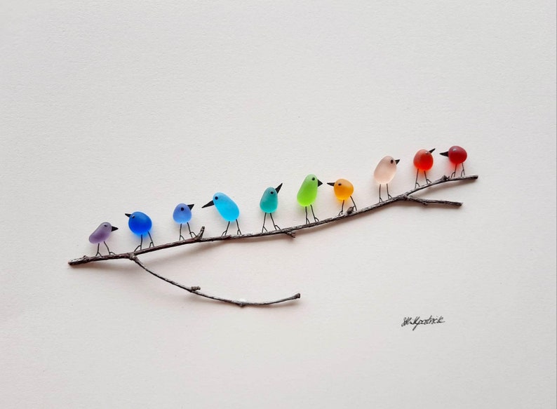 Rainbow Birds on Branch Sea Glass & Driftwood Picture Framed Unique Handmade Sea Glass Art image 6