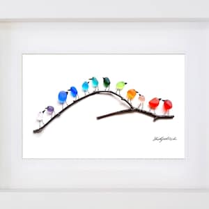 Rainbow Birds on Branch - Sea Glass & Driftwood Picture - Framed Handmade - Sea Glass Art