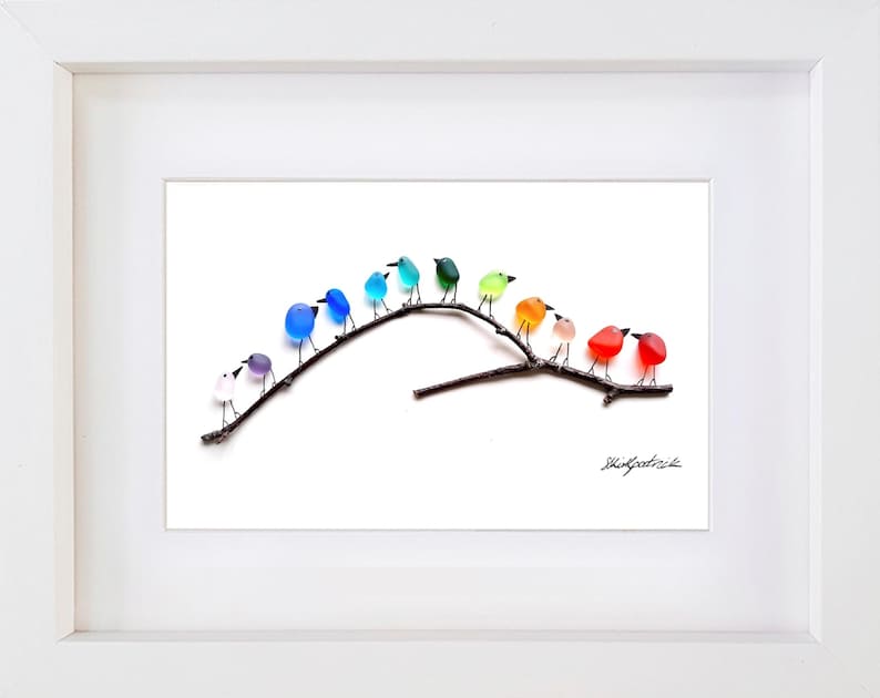 Rainbow Birds on Branch - Driftwood & Sea Glass Picture - Framed Handmade - Art Wall Decor White