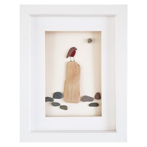 Pebble Art & Sea Glass Picture - Framed Unique Handmade *Robin on a Post*