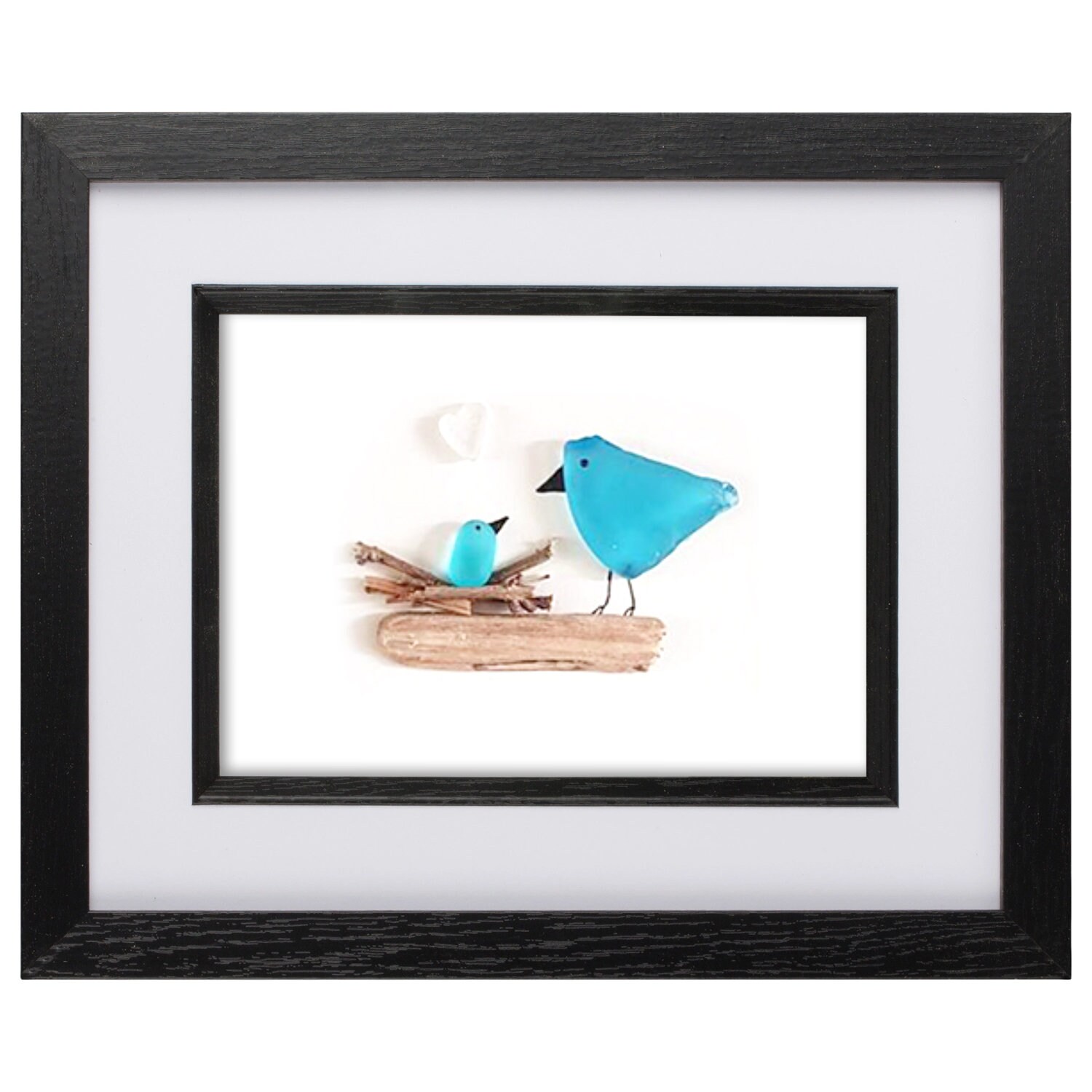 水辺の家と小鳥たち〜秋〜　シーグラス／天然石／フレーム／アート 岩の上のシーグラスの鳥、シーグラスの絵、ユニークな小石アート、海岸