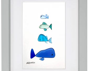 魚群 - シーグラスの絵画 - 額入りのユニークな手作り - シーグラス