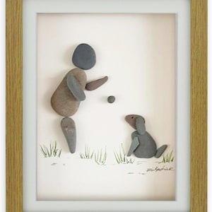 Pebble Art & Sea Glass Picture - Framed Unique Handmade *Owner and Sitting Dog*