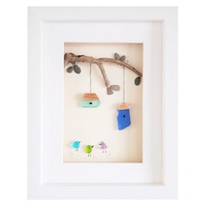 Birdhouses - Pebble Art & Sea Glass Picture - Framed Unique Handmade Wall Decor