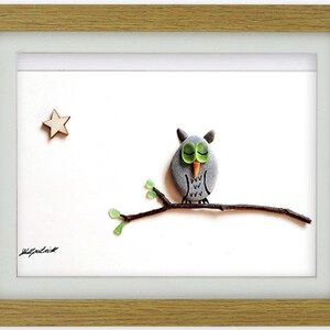 Owl in Tree - Pebble & Sea Glass Picture - Framed Handmade Art
