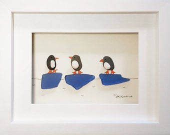 Pebble Penguins - Pebble Art & Sea Glass Picture - Penguin Art