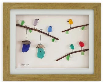 Sea Glass Picture - Framed Handmade Tropical Birds - Home Wall Decor