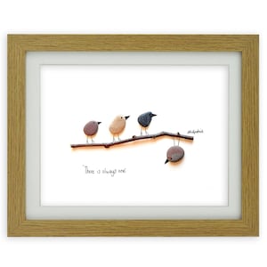 Pebble Art  Picture - Framed Unique Handmade - Birds - There's Always One