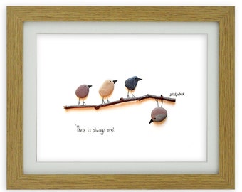 Pebble Art  Picture - Framed Unique Handmade - Birds - There is always one