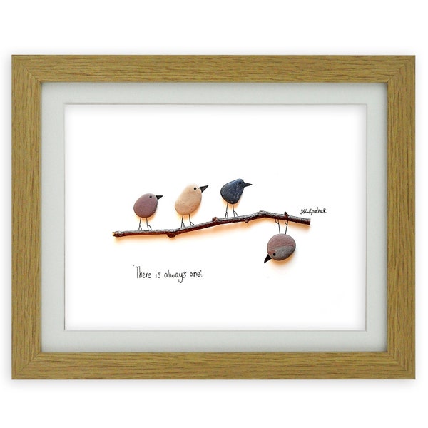 Pebble Art  Picture - Framed Unique Handmade - Birds - There is always one