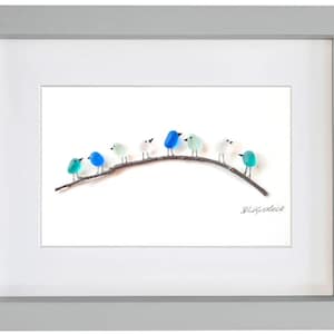 Sea Glass & Driftwood Picture - Framed Unique Handmade Wall Art - Sea Spray Birds on Branch
