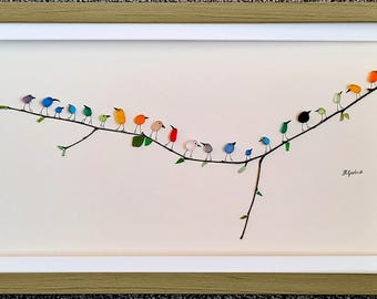 Panoramic Rainbow Birds - Driftwood & Sea Glass Picture - Framed Handmade Horizontal Wall Art