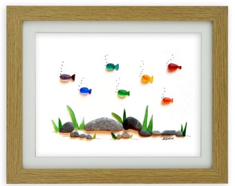 Sea Glass Art - Rainbow Fish - Seaglass & Pebble Picture - Framed Unique Handmade - Perfect Gift