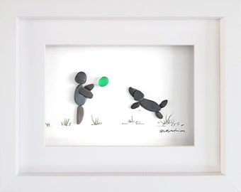 Pebble Art & Sea Glass Picture - Framed Unique Handmade *Leaping Dog and Ball*