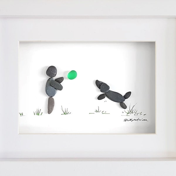 Pebble Art & Sea Glass Picture - Framed Unique Handmade *Leaping Dog and Ball*