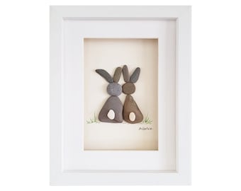 Pebble Art & Sea Glass Picture - Framed Unique Handmade *Rabbits* Bunnies