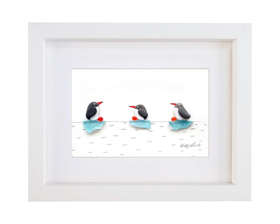 ペンギン - 小石アート＆シーグラス絵画 - 手作りの額入りペンギン