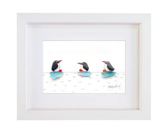 Penguins - Pebble Art & Sea Glass Picture - Penguin Handmade Framed