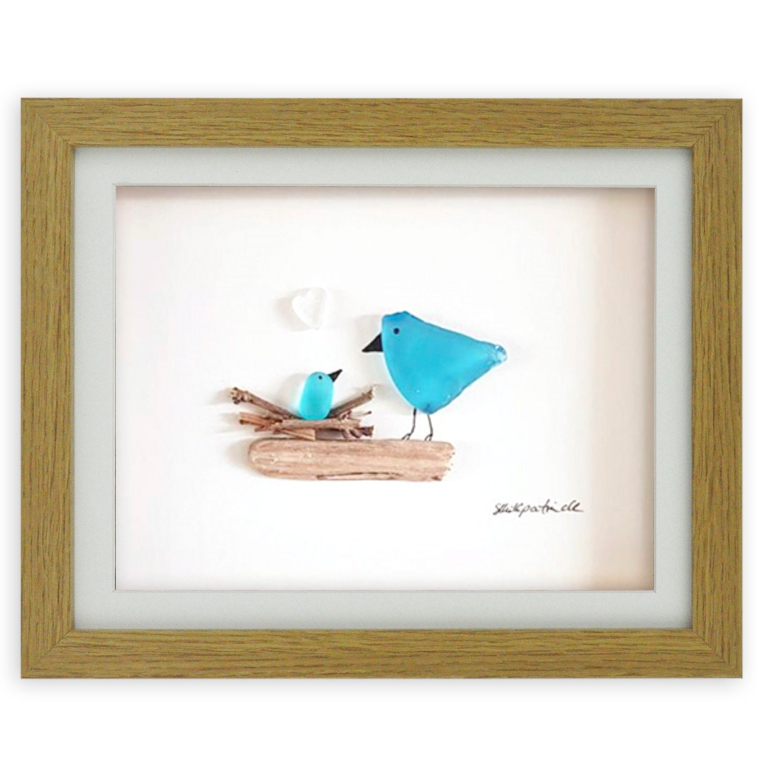 水辺の家と小鳥たち　シーグラス／天然石／フレームアート／手描き 水辺の家と小鳥たち シーグラス／天然石／フレームアート