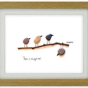 Pebble Art Picture - Framed Unique Handmade - Birds - There&#39;s Always One