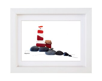Sea Glass Lighthouse - Landscape - Pebble Art Sea Glass Picture - Framed Unique Handmade *Red & White*