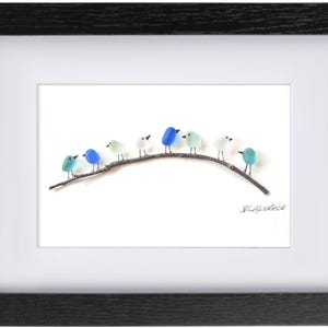 Sea Spray Birds on Branch - Sea Glass & Driftwood Picture - Framed Unique Handmade