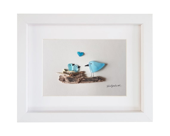 水辺の家と小鳥たち　シーグラス／天然石／フレームアート／手描き 水辺の家と小鳥たち シーグラス／天然石／フレームアート