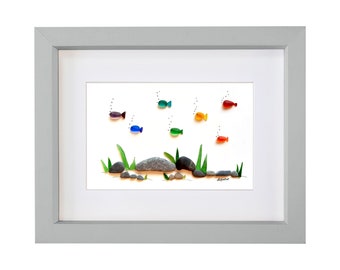 Rainbow Fish - Sea Glass & Pebble Picture - Framed Unique Handmade - Sea Glass Art