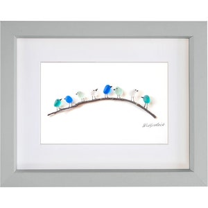 Sea Glass & Driftwood Picture - Framed Unique Handmade Wall Art - Sea Spray Birds on Branch