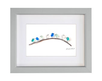 Sea Spray Birds on Branch - Sea Glass & Driftwood Picture - Framed Unique Handmade - Sea Glass Art