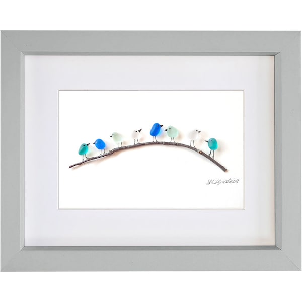 Sea Spray Birds on Branch - Sea Glass & Driftwood Picture - Framed Unique Handmade - Sea Glass Art