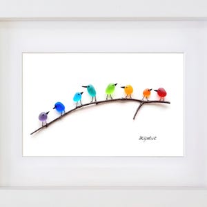 Rainbow Birds on Branch - Sea Glass & Driftwood Picture - Framed Unique Handmade - Sea Glass Art